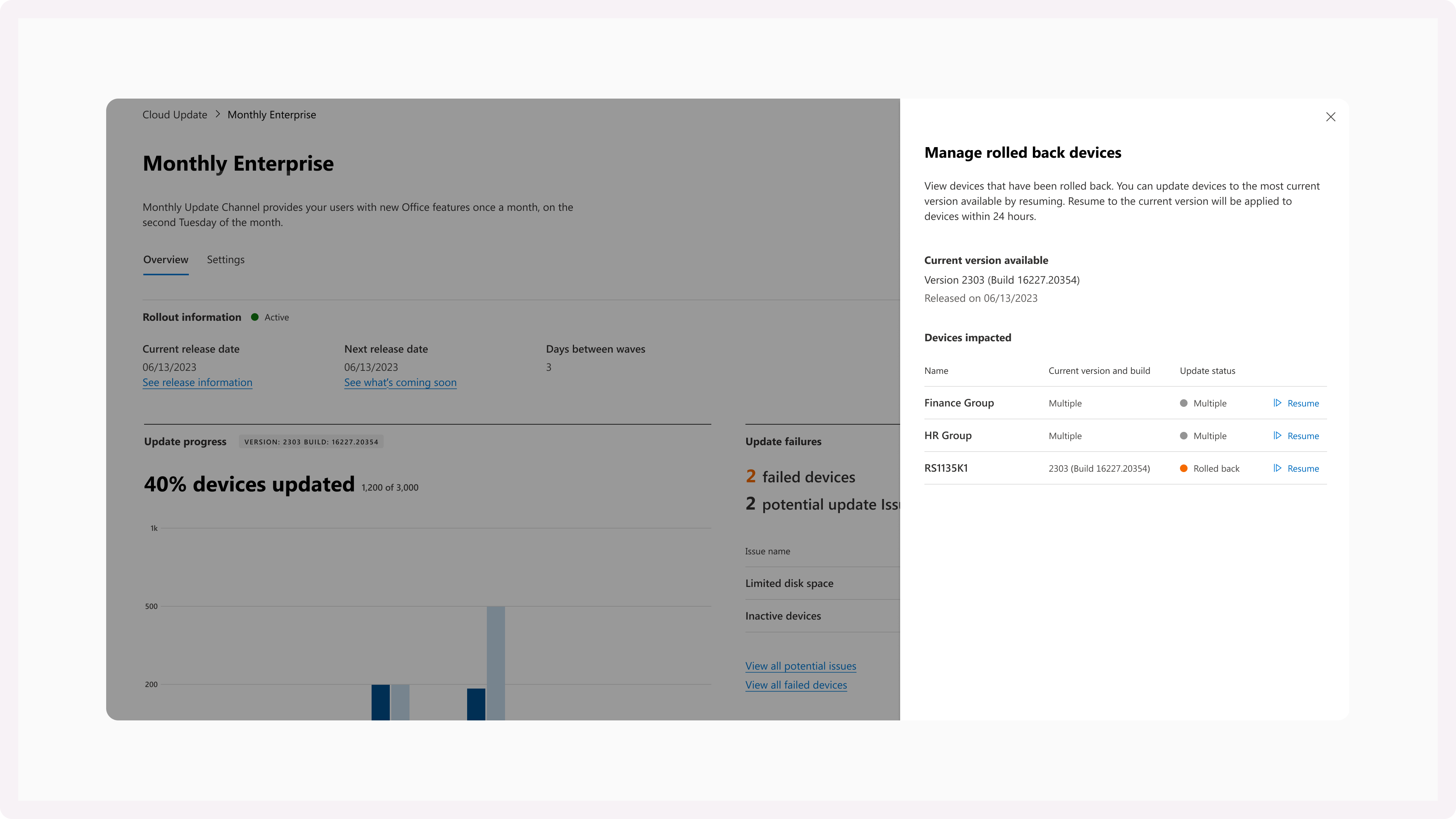 Monthly Enterprise update view with a side panel for initiating a rollback to a known-good build
