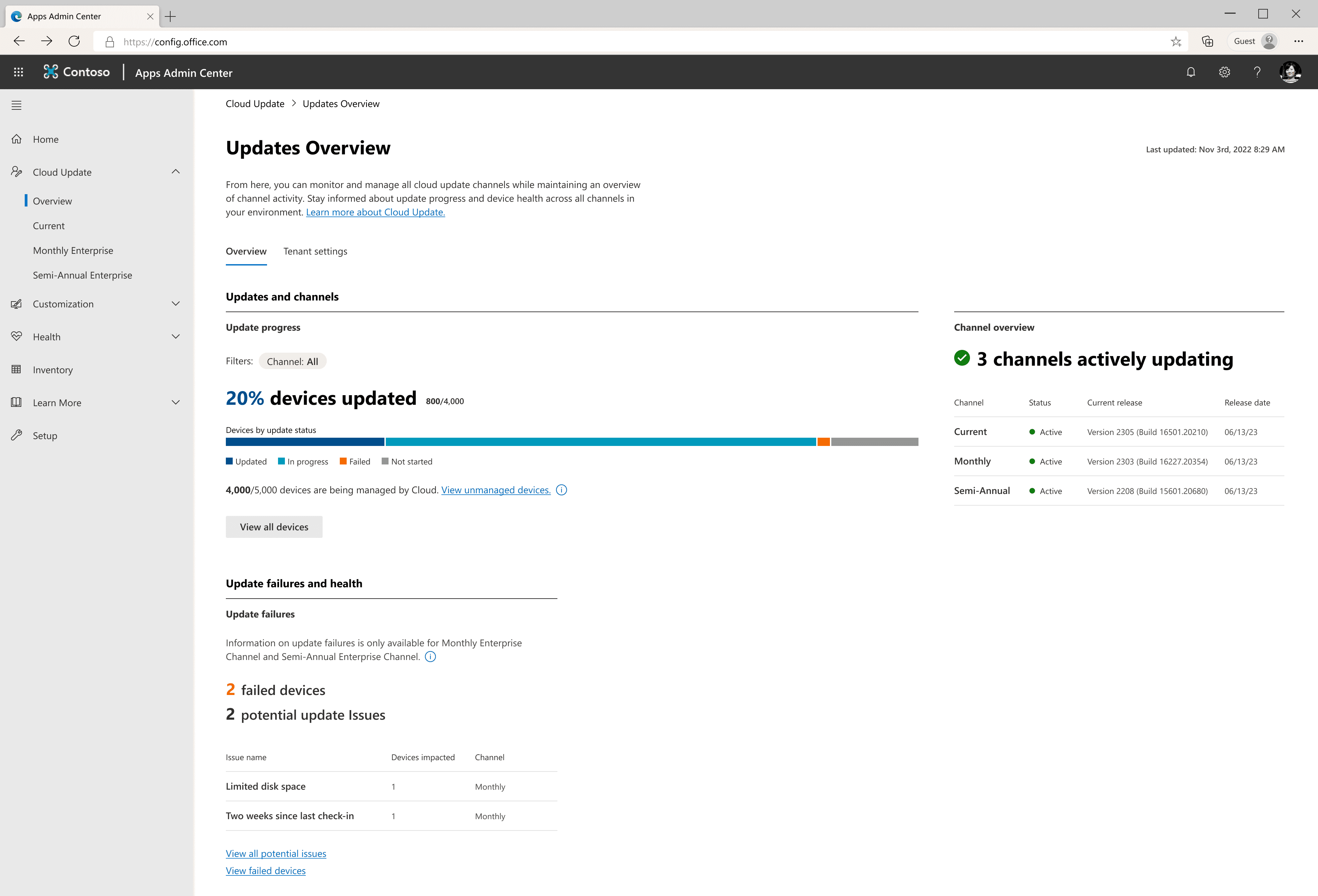 Cloud Updates dashboard