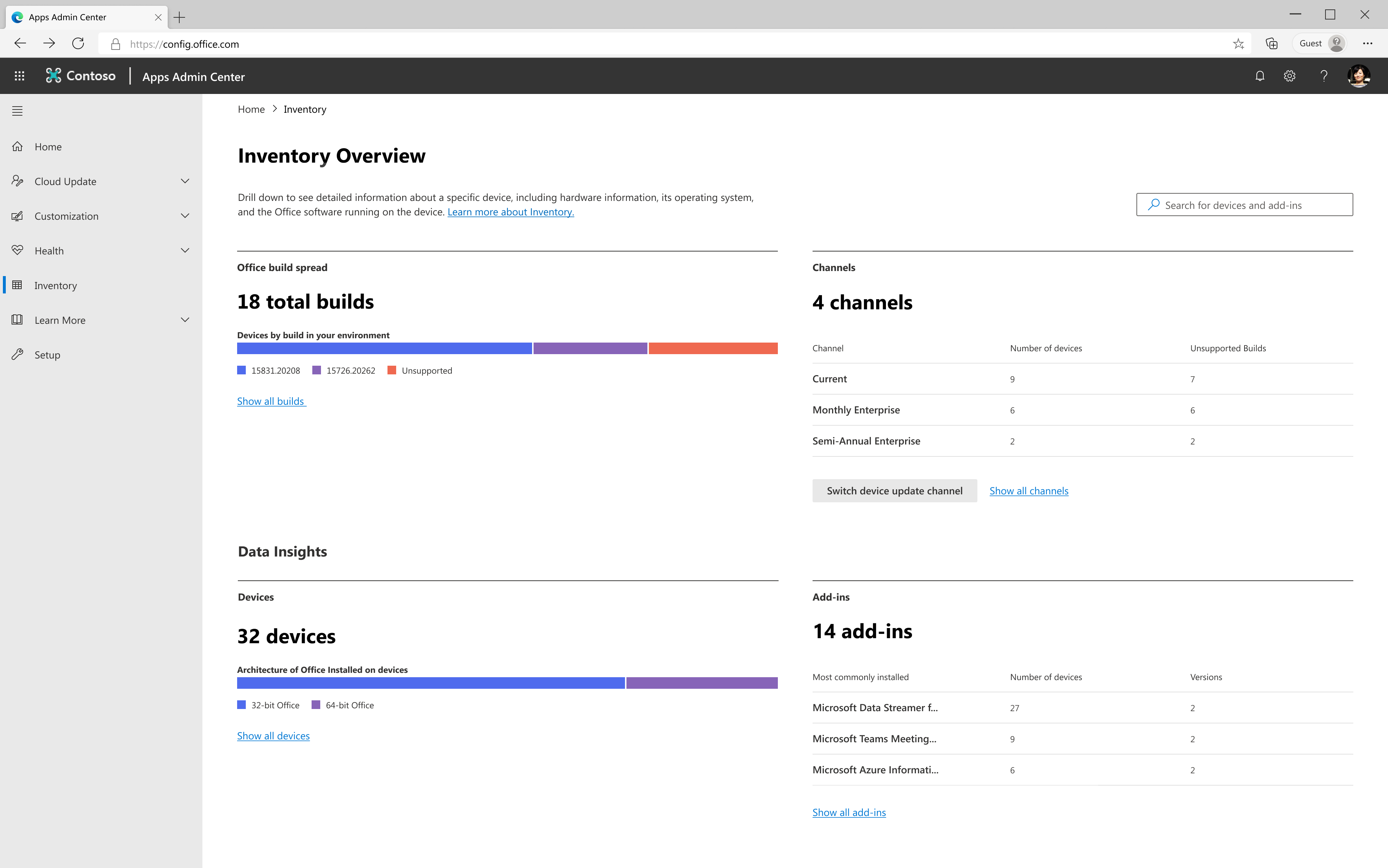 Inventory overview showing build spread, channel composition, device architecture, and add-in inventory