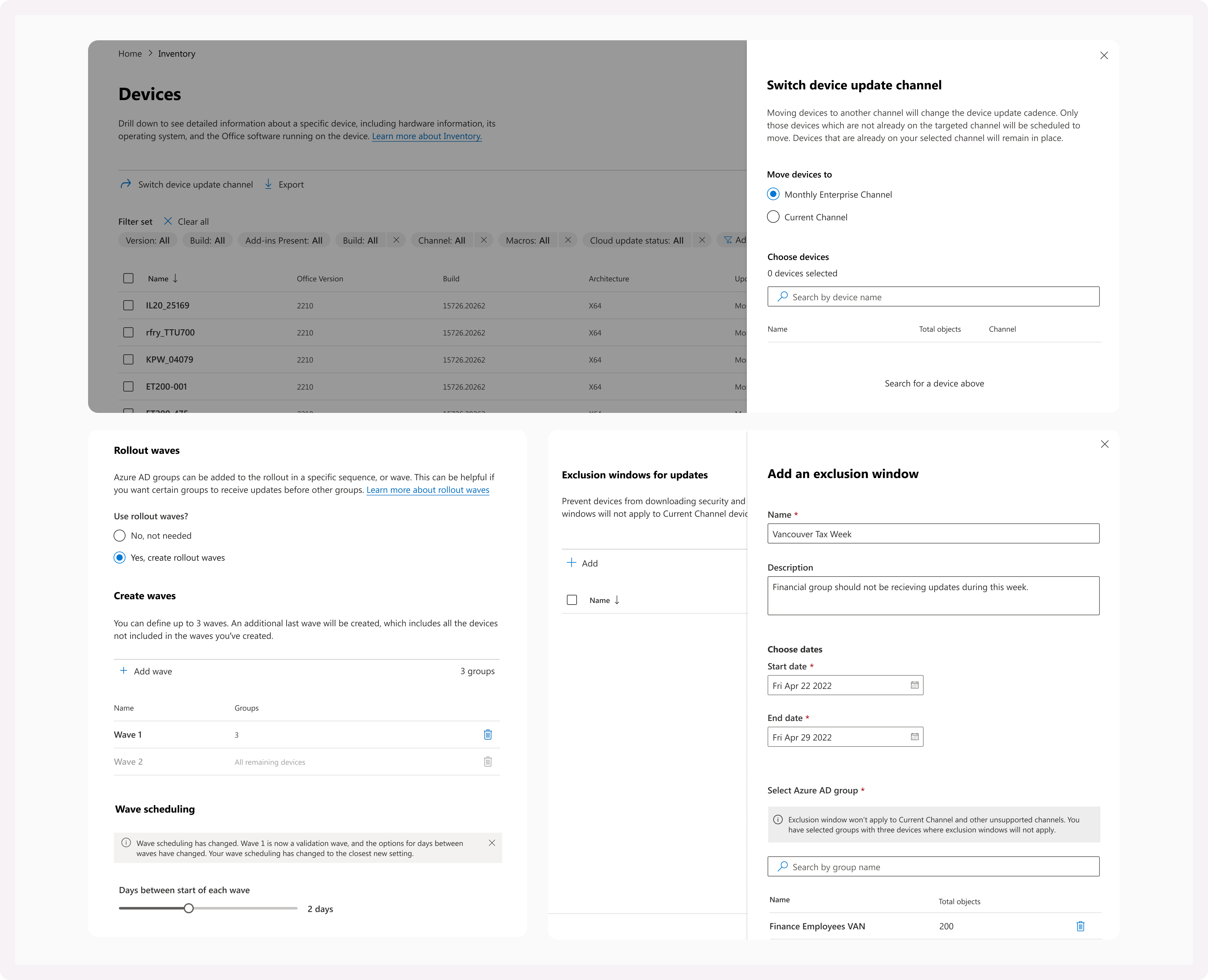 Workflow tools for moving devices between channels, configuring rollout waves, and setting exclusion windows