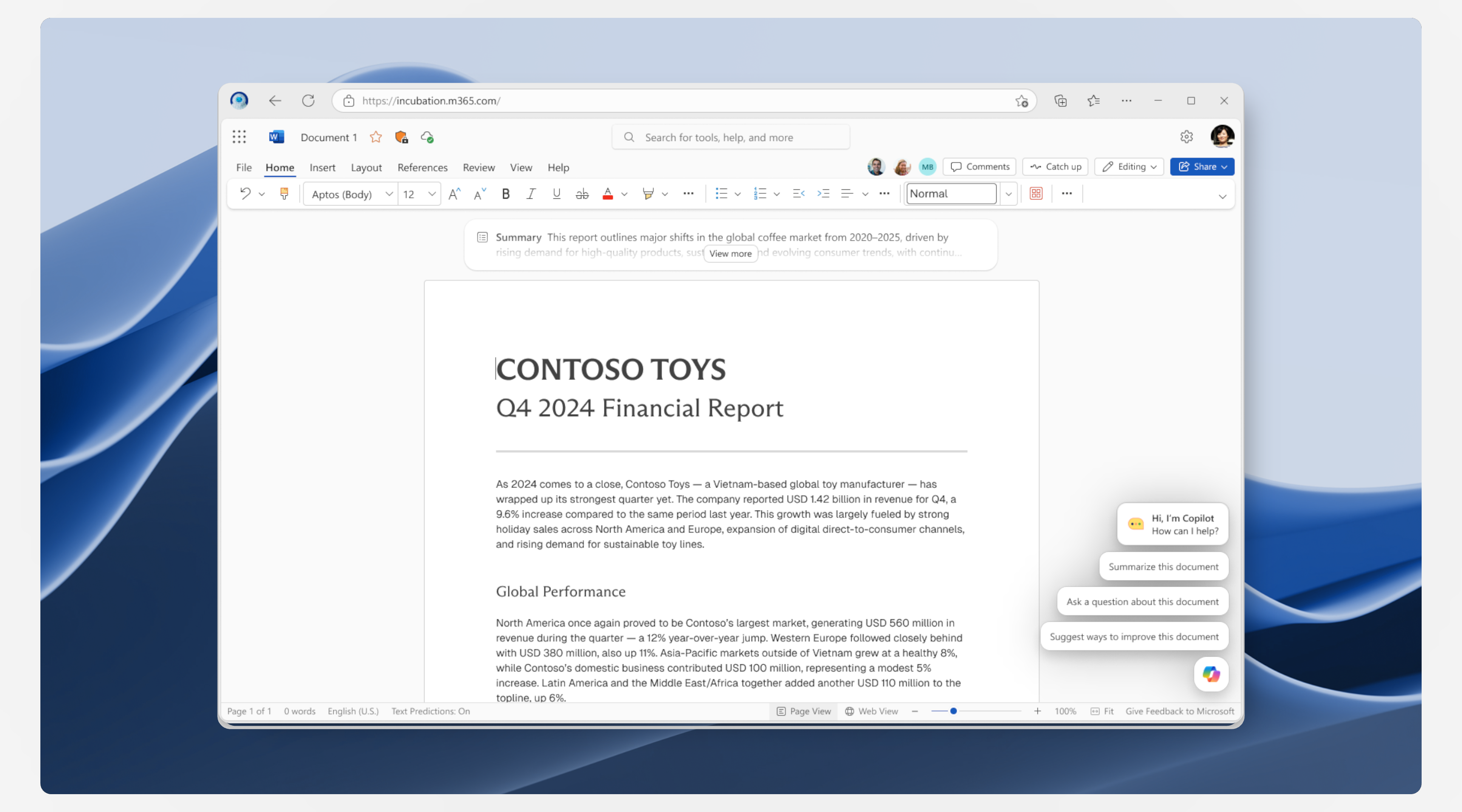 A 3D exploded view of Microsoft Word with Microsoft Copilot's chat panel lifted forward over a blue waveform desktop background.