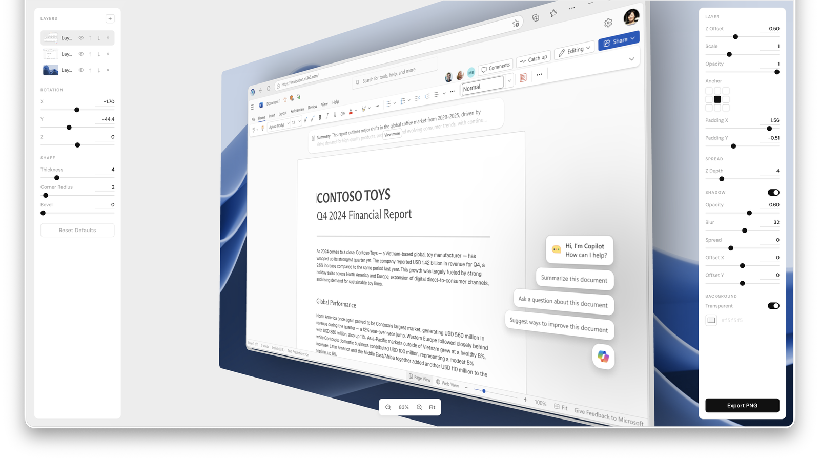 The 3D Exploded UI tool — a Layers panel on the left, Rotation X/Y/Z, Shape, Spread, Shadow and Background controls on the right, with the live 3D preview in the center.