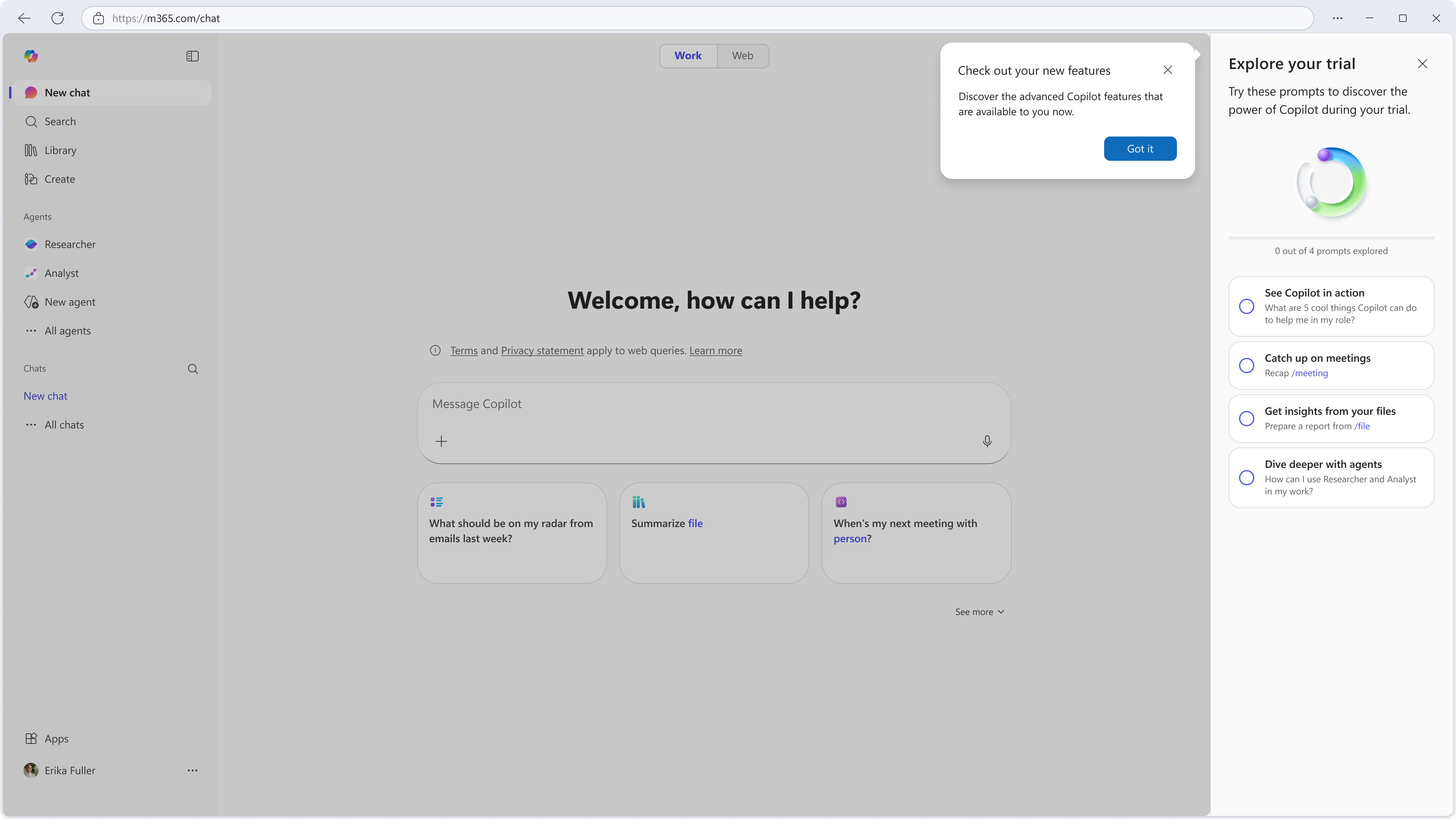 The 'Explore your trial' side panel inside Microsoft 365 Copilot. The panel shows '0 out of 4 prompts explored' above a circular progress ring, then four prompts: 'See Copilot in action — what are 5 cool things Copilot can do to help me in my role?', 'Catch up on meetings — Recap /meeting', 'Get insights from your files — Prepare a report from /file', and 'Dive deeper with agents — How can I use Researcher and Analyst in my work?'