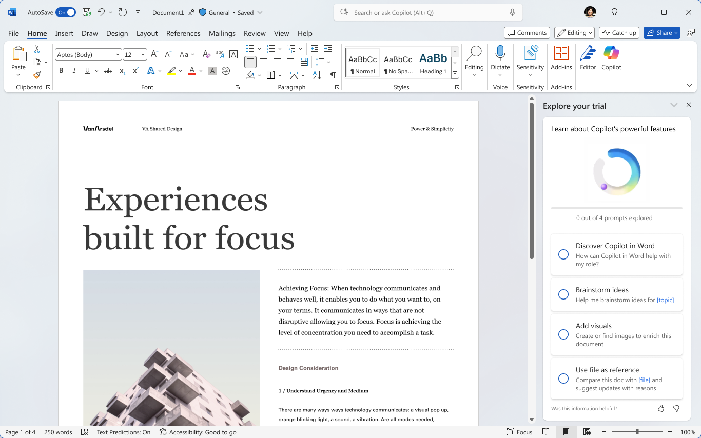 The same 'Explore your trial' side panel inside Microsoft Word, showing 0 of 4 prompts explored and Word-specific tasks: 'Discover Copilot in Word', 'Brainstorm ideas', 'Add visuals', and 'Use file as reference.'