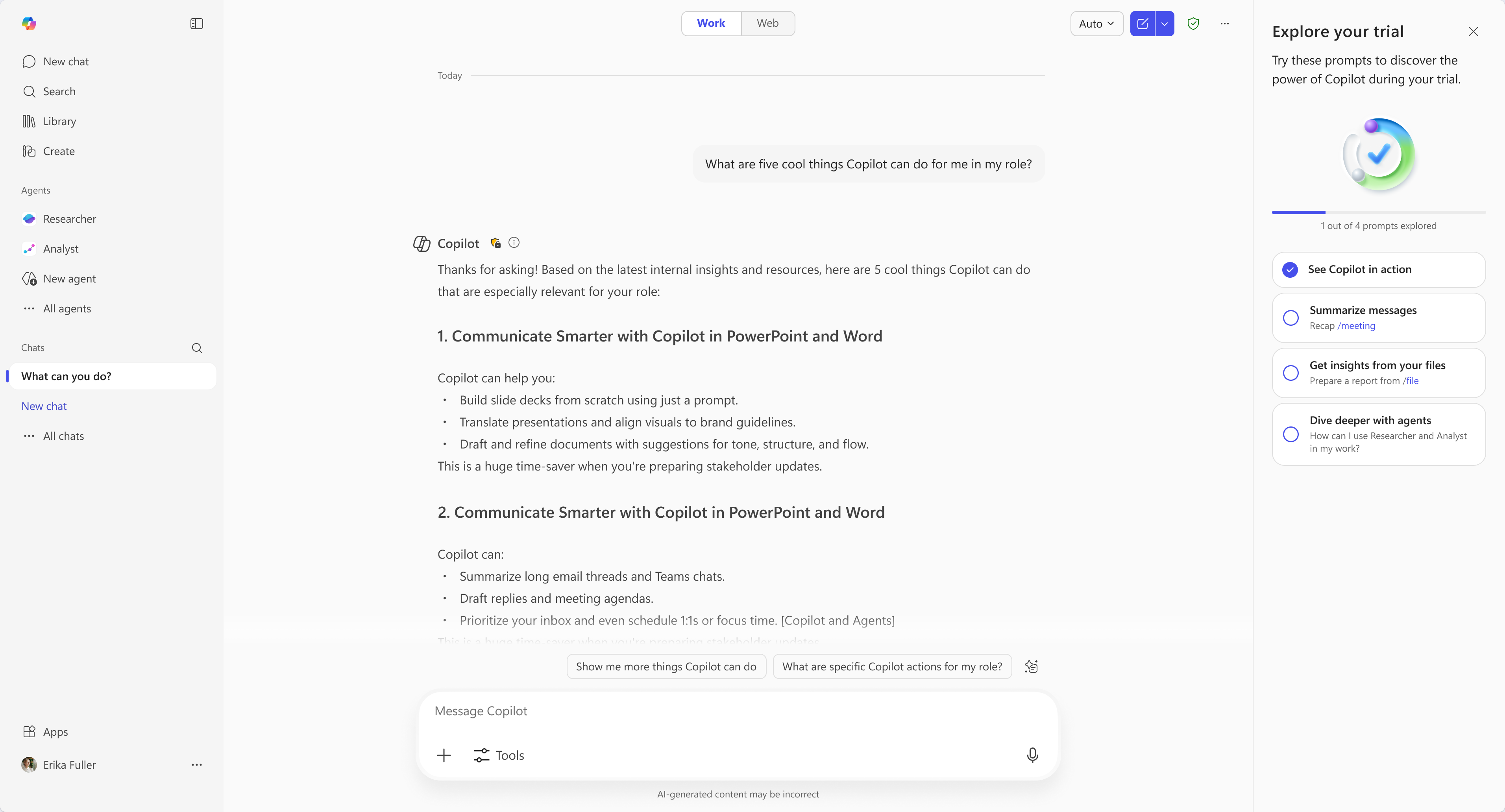 Microsoft 365 Copilot answering 'What are five cool things Copilot can do for me in my role?' Copilot replies with a personalized list grounded in the user's role. The 'Explore your trial' side panel on the right has updated to '1 out of 4 prompts explored,' with the 'See Copilot in action' task now checked.