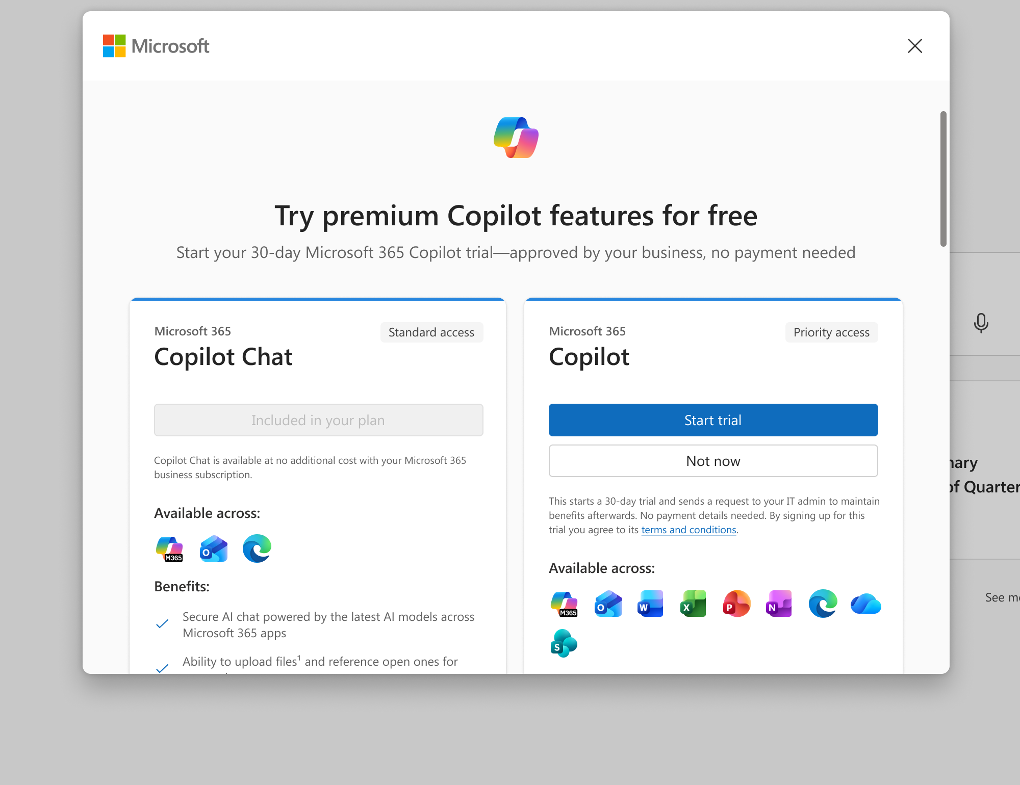 Microsoft 365 Copilot trial-start offer modal