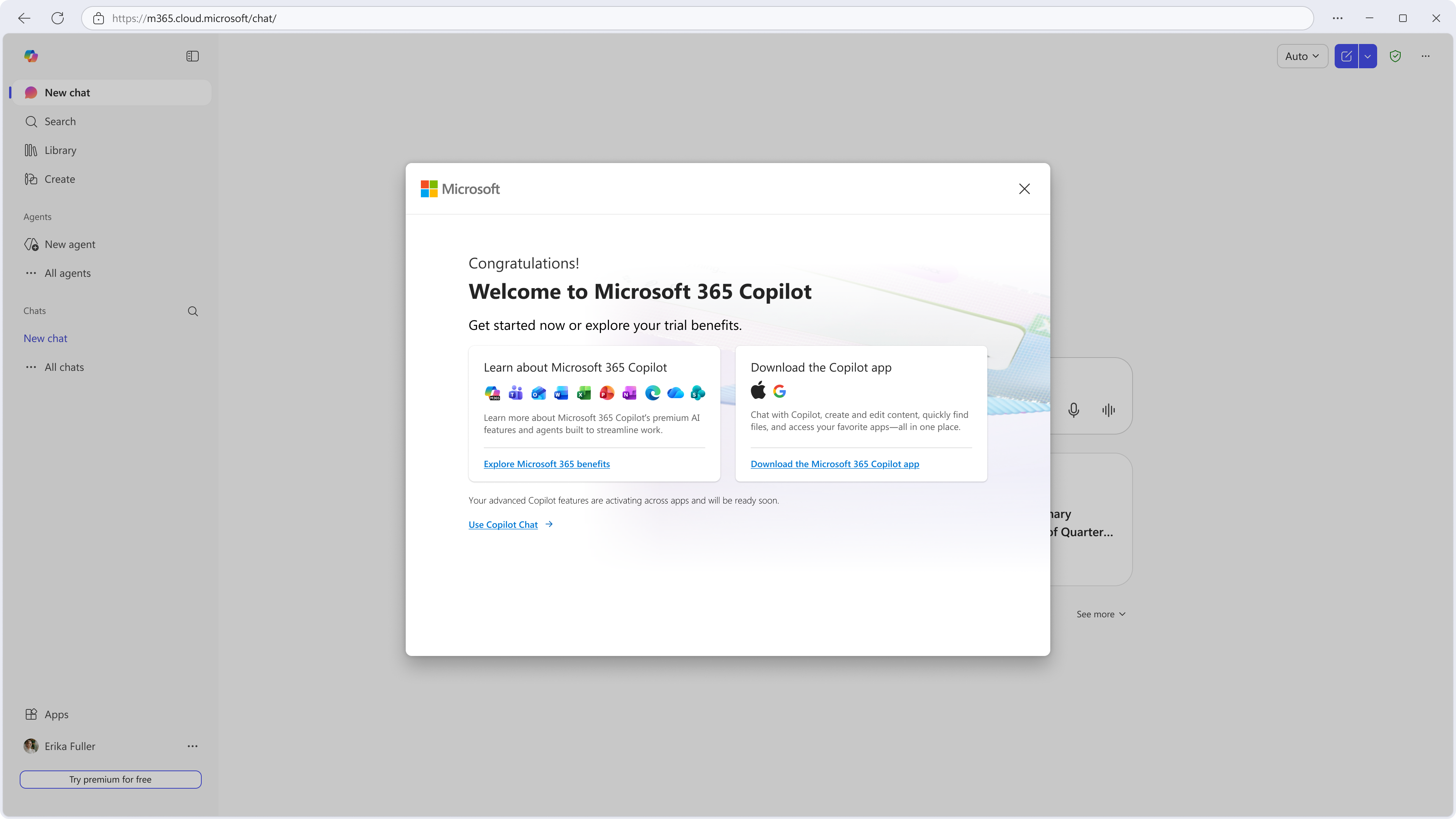 The Microsoft 365 Copilot welcome modal seen on day one of the trial. 'Congratulations! Welcome to Microsoft 365 Copilot. Get started now or explore your trial benefits.' Two cards: 'Learn about Microsoft 365 Copilot' and 'Download the Copilot app.' Below: 'Your advanced Copilot features are activating across apps and will be ready soon.' with a 'Use Copilot Chat' link.