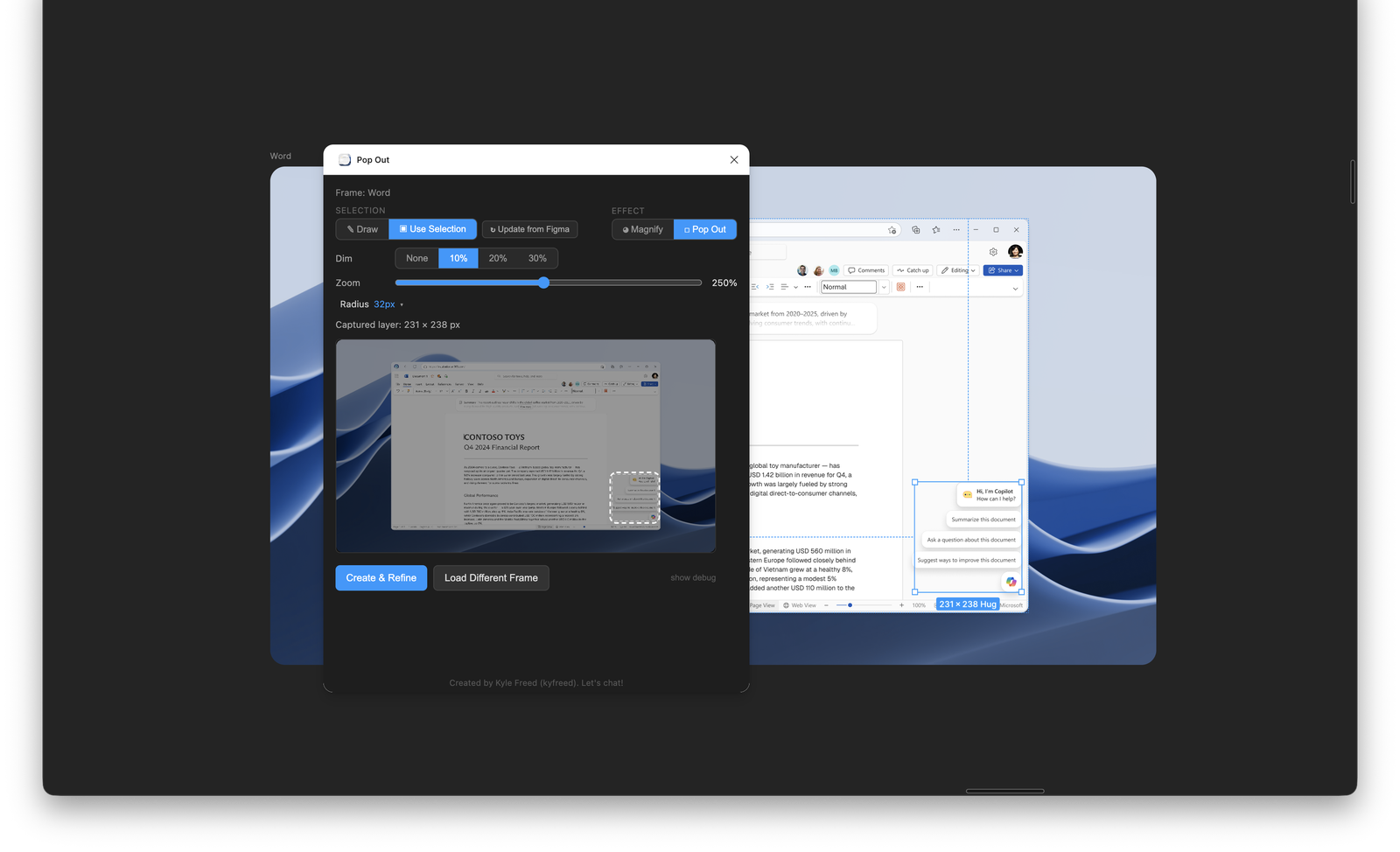 The Pop Out Figma plugin UI — Selection (Draw / Use Selection / Update from Figma), Effect (Magnify / Pop Out), Dim and Zoom controls, with a live preview of the captured layer.
