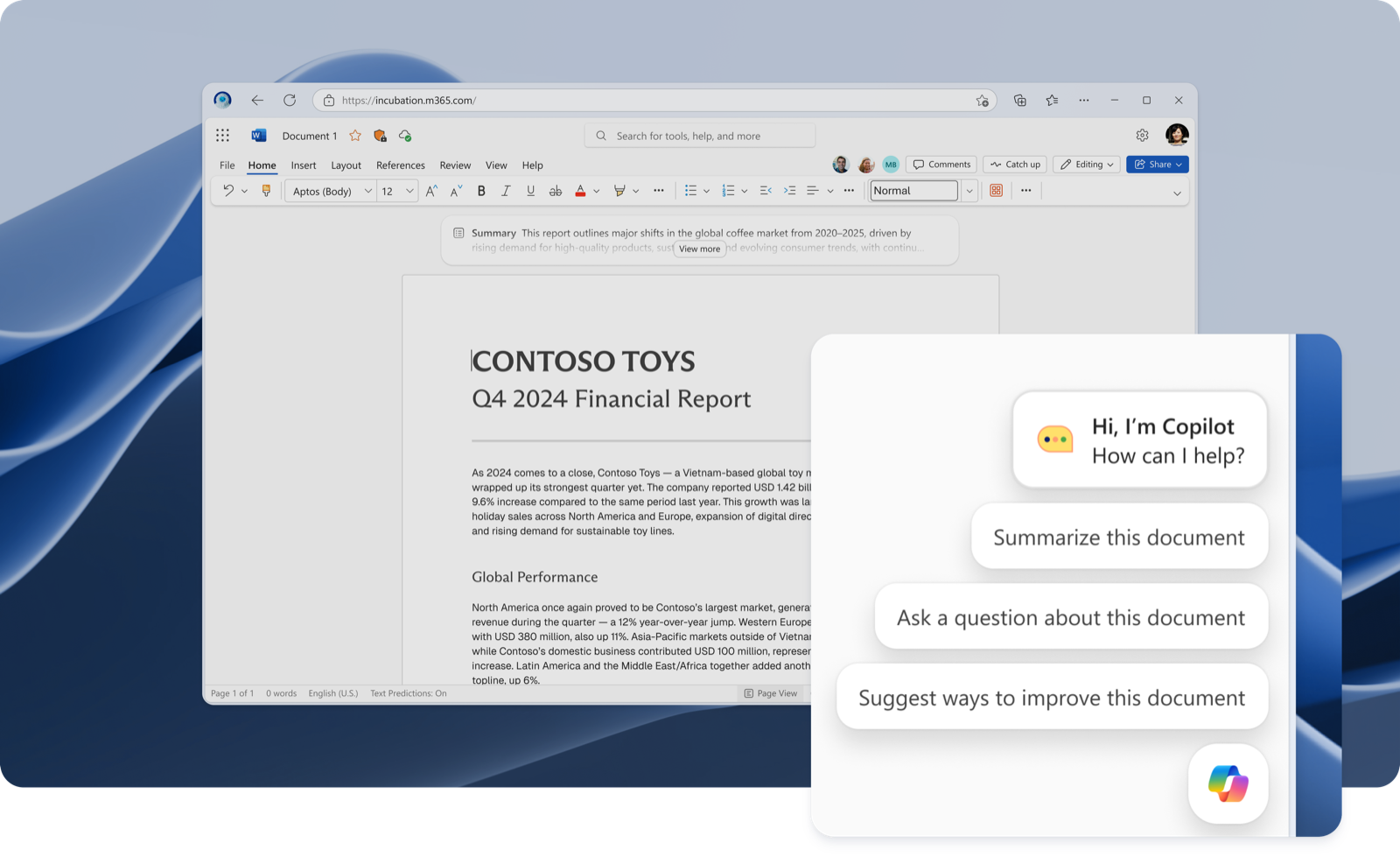 A polished hero composition: Microsoft Word in a browser window over a blue waveform wallpaper, with the Microsoft Copilot suggestion panel popped out and magnified to draw the eye.